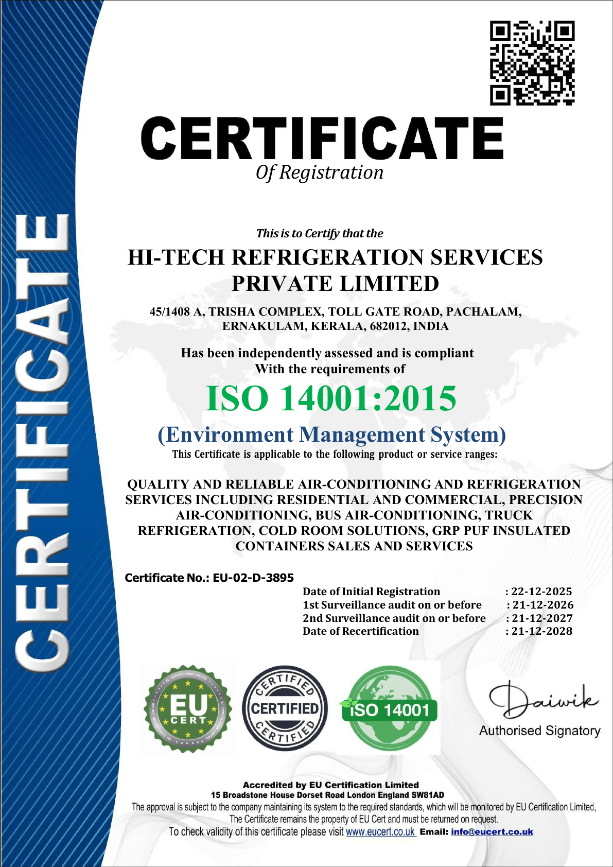 Hitech Refrigeration Services ISO 14001:2015 environmental management certificate