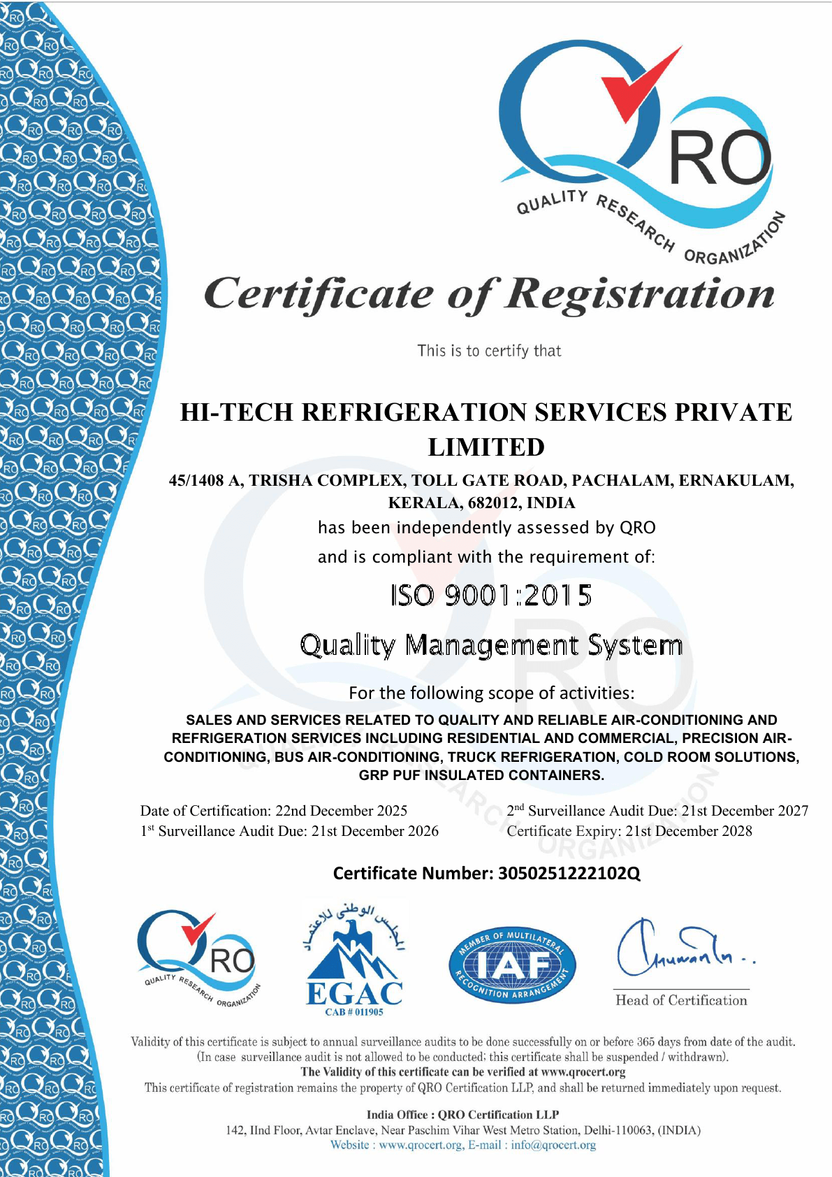 Hitech Refrigeration Services ISO 9001:2015 quality management certificate