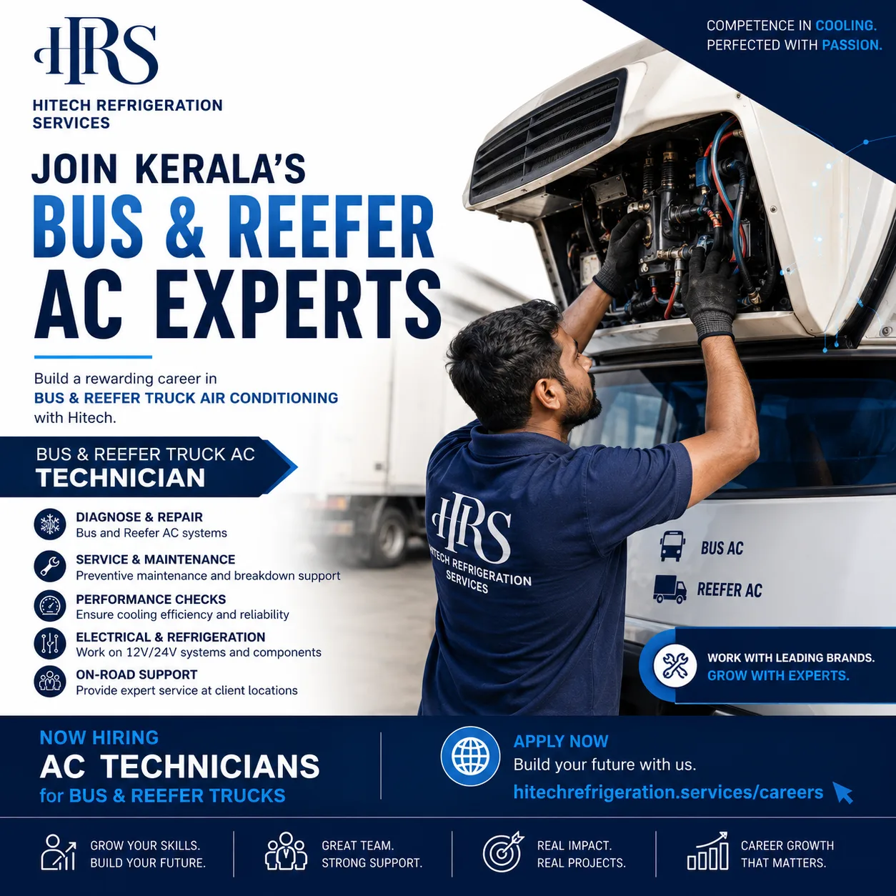 HRS is hiring Bus and Reefer truck AC technicians for its Kalamassery workshop and fleet service calls across Kerala